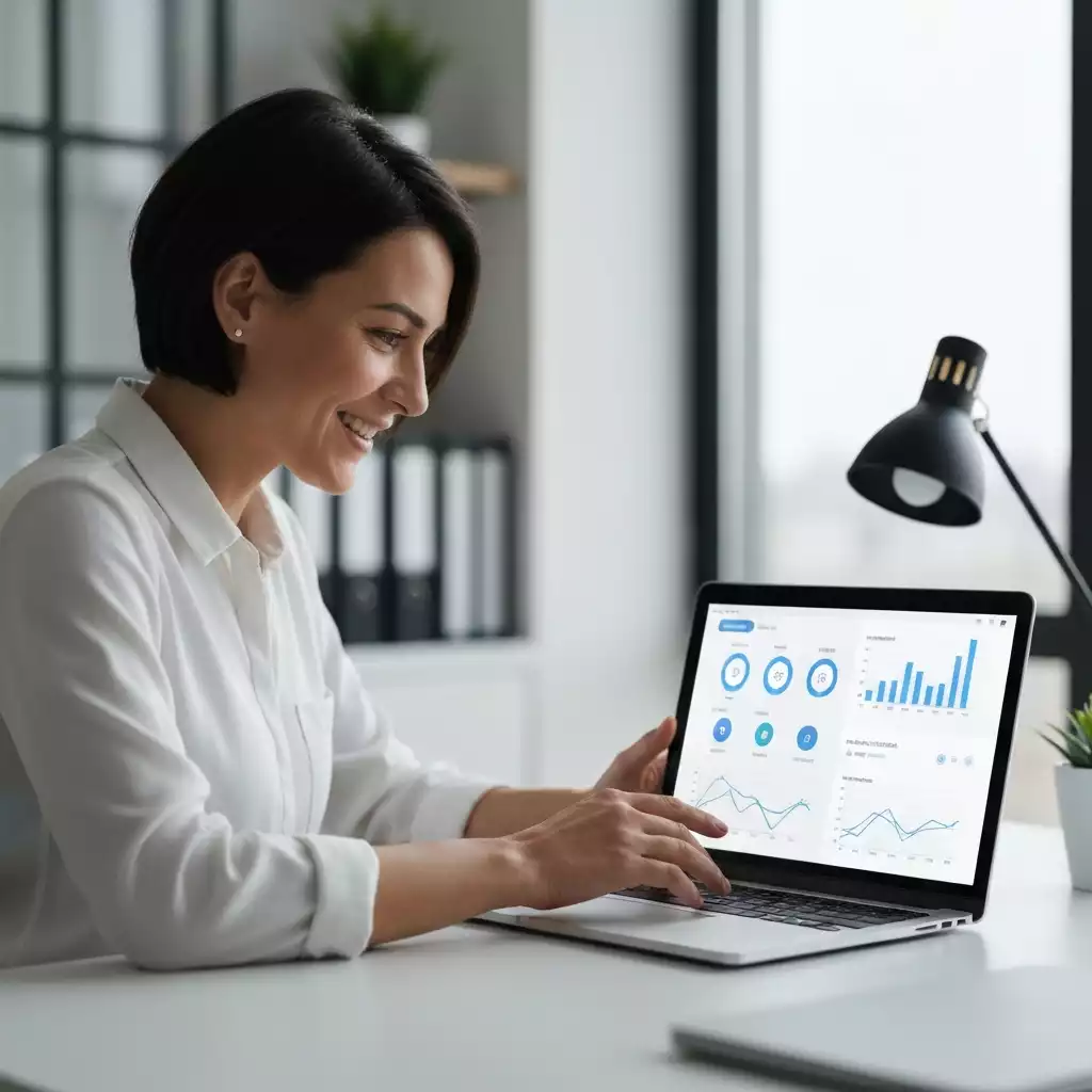Local business owner using AI-powered analytics dashboard on a laptop, showing data insights