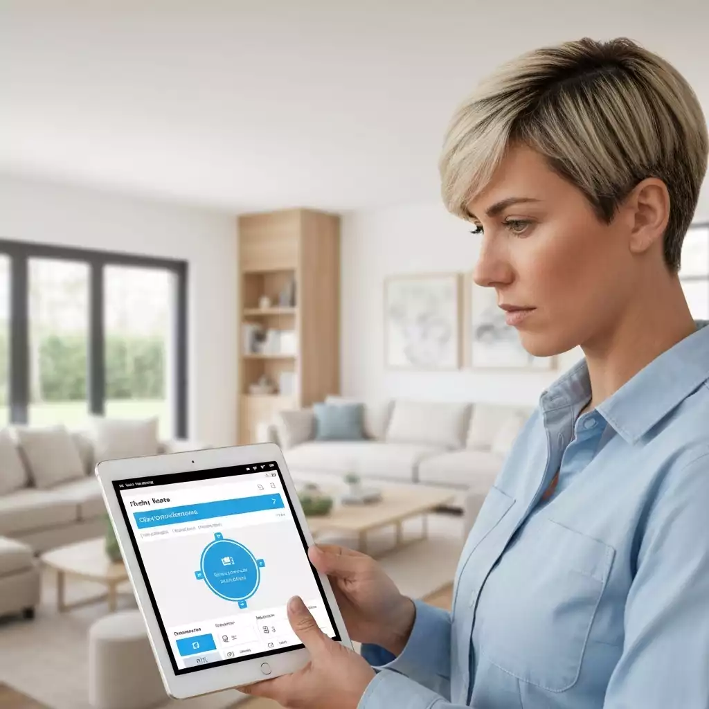 Contractor using a tablet with AI-powered scheduling software, showing optimized routes and appointments with a home in the background