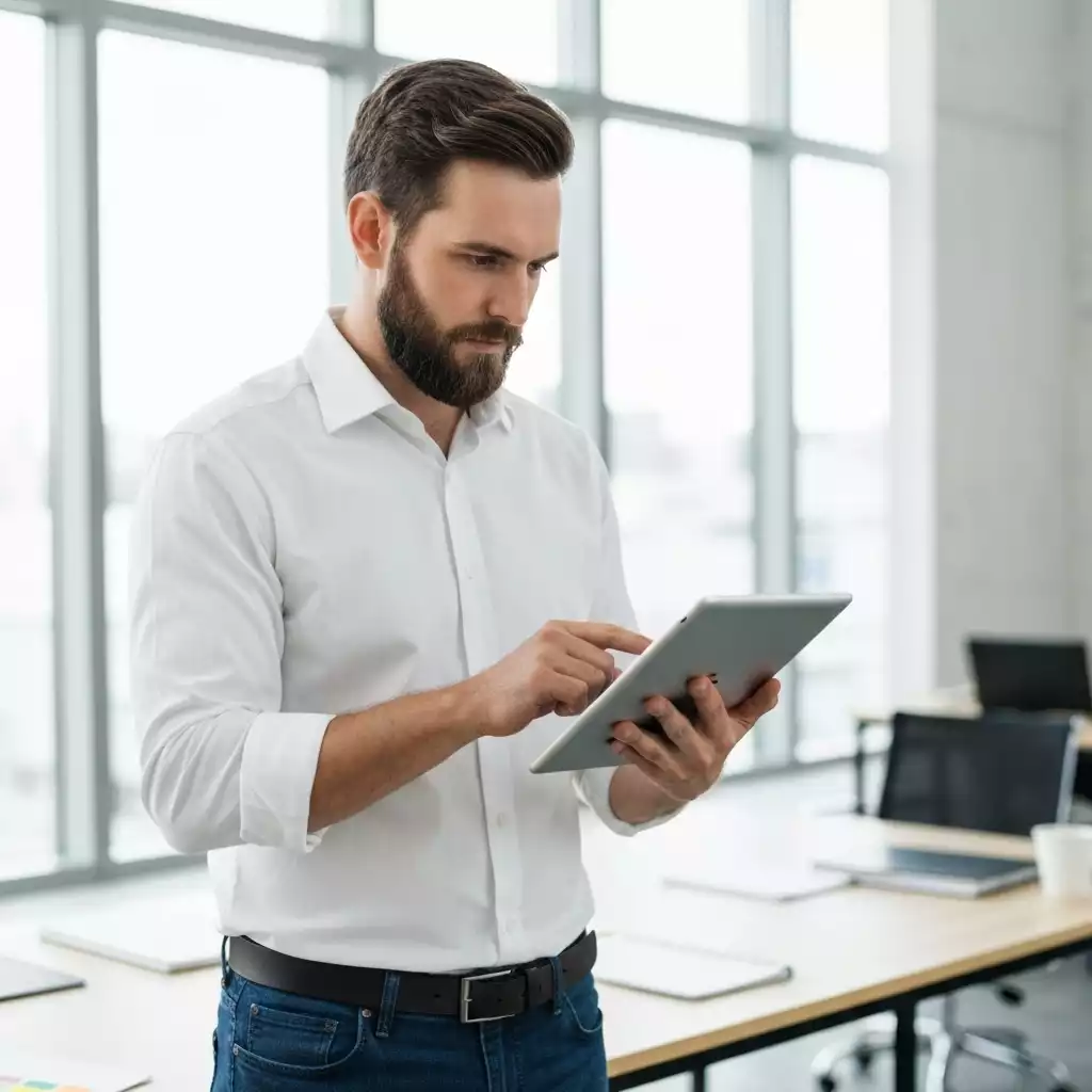 Professional contractor using a tablet to review AI-generated reports on job efficiency and customer feedback, with a modern workspace background